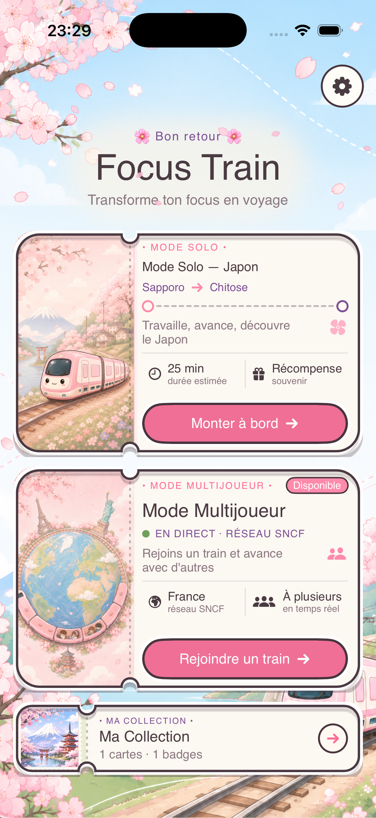 Écran d’accueil de Focus Train présentant les modes Solo, Multijoueur et la collection